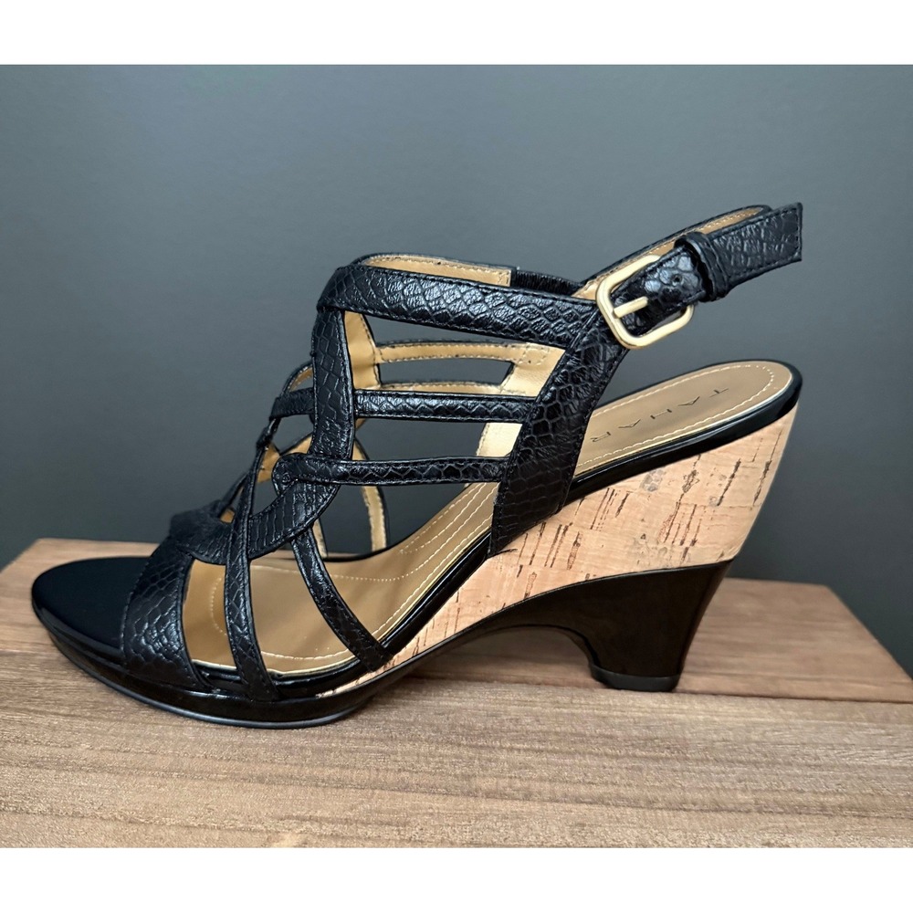 Tahari Petunia Black Snake Embossed Leather Cork Wedge Sandals Women 8.5 Strappy